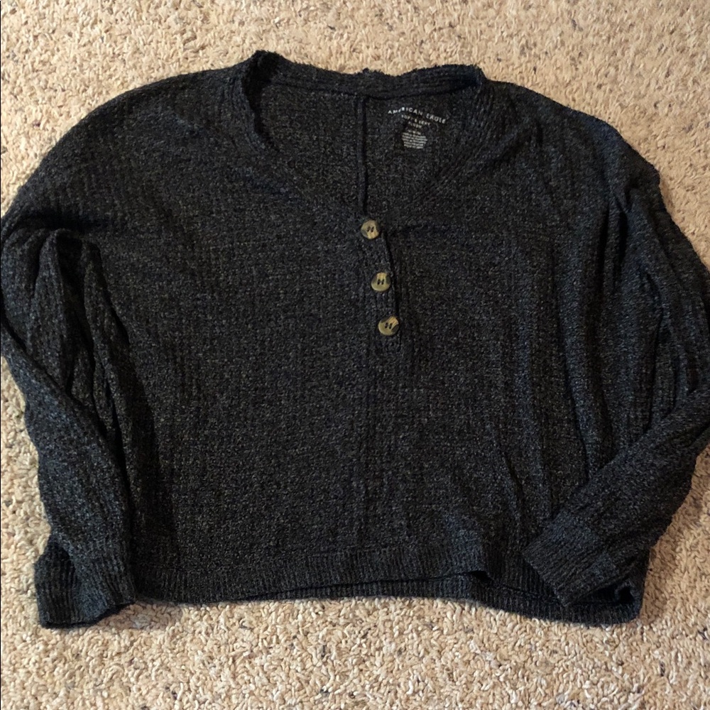 Cozy Black Button Henley Sweater AE